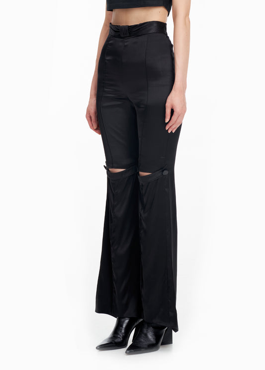 BLACK MID RISE CUT-OUT FLARE TROUSERS