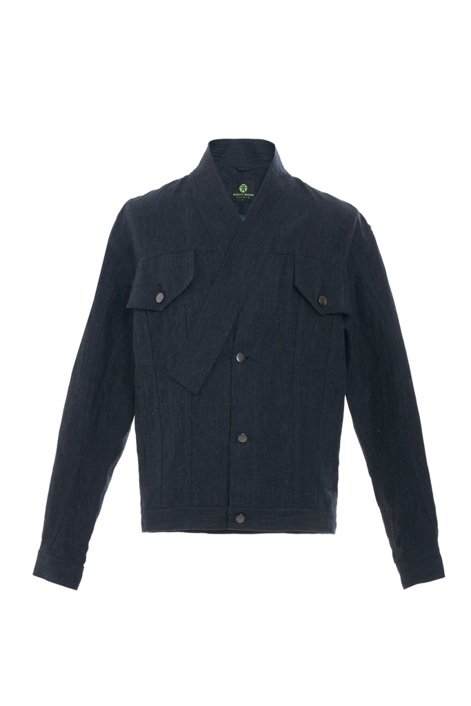 DENIM-LINEN CROSS NECK CASUAL JACKET