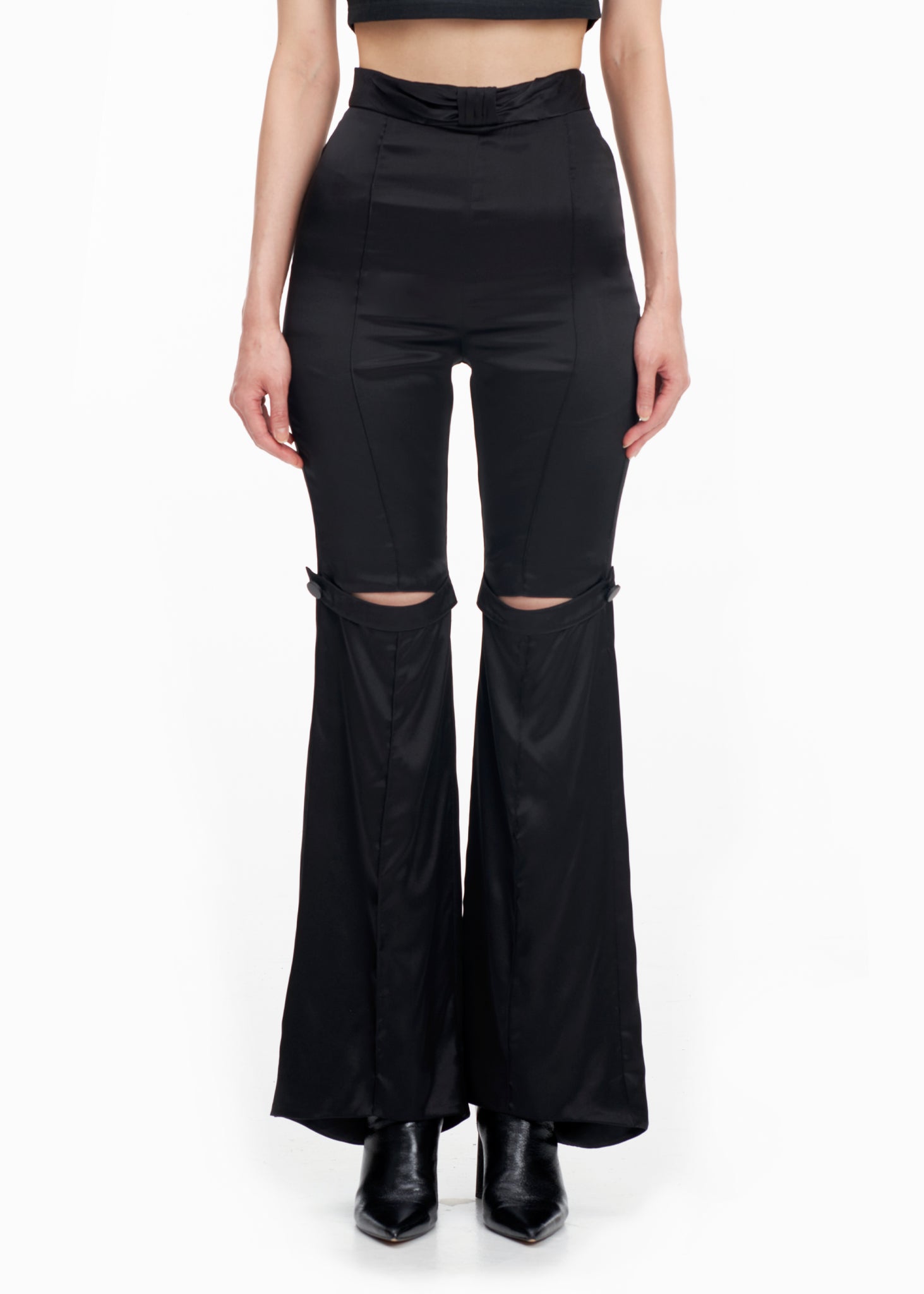 BLACK MID RISE CUT-OUT FLARE TROUSERS