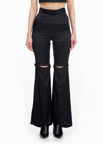 BLACK MID RISE CUT-OUT FLARE TROUSERS
