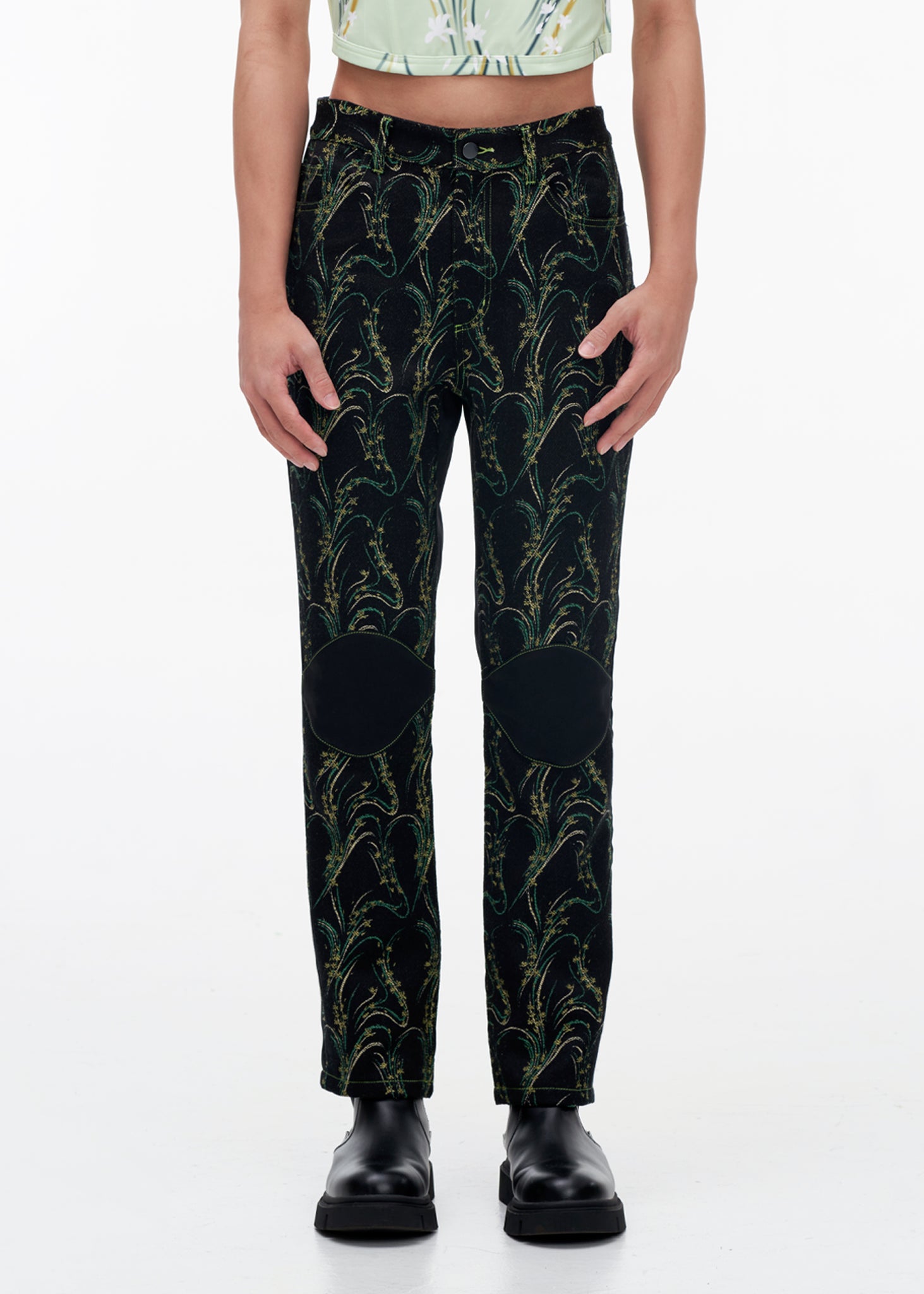 'INTAGLIO' DENIM STYLE JACQUARD AND SILK TROUSERS